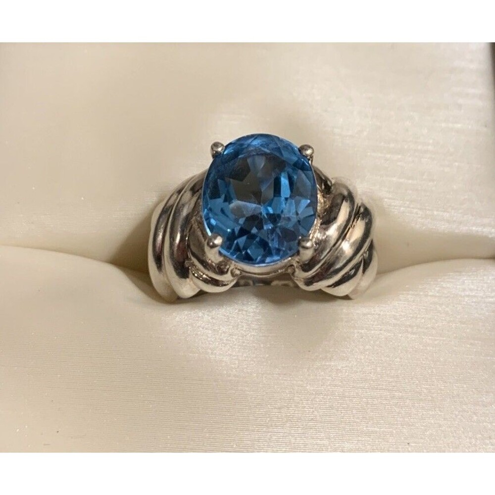 Vintage Sterling Silver Glass Aquamarine Cocktail Ring Women’s 5.75